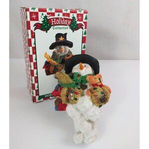 Vtg World Bazaars Holiday Collection Snowman Holding Teddy 7.5" Stocking Hanger